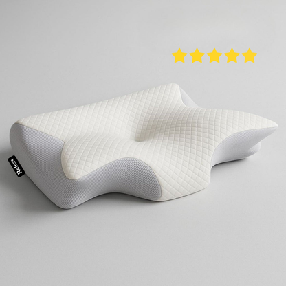 Reless ergonomic neck support pillow, featuring a contoured design for optimal comfort and support while resting.
