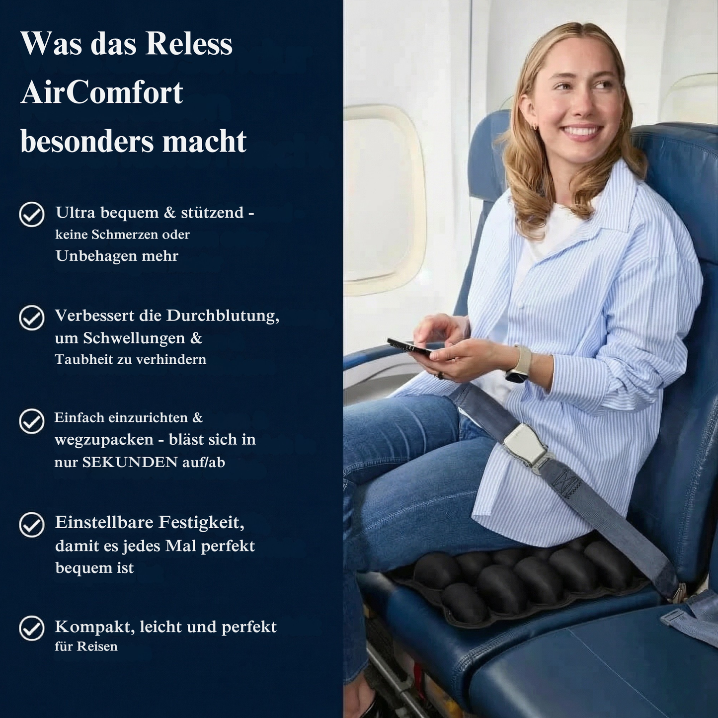 Reless AirComfort™ Reisekissen für Langstreckenflüge, aufblasbares Nackenkissen in neutralem Design, bequem und ergonomisch.