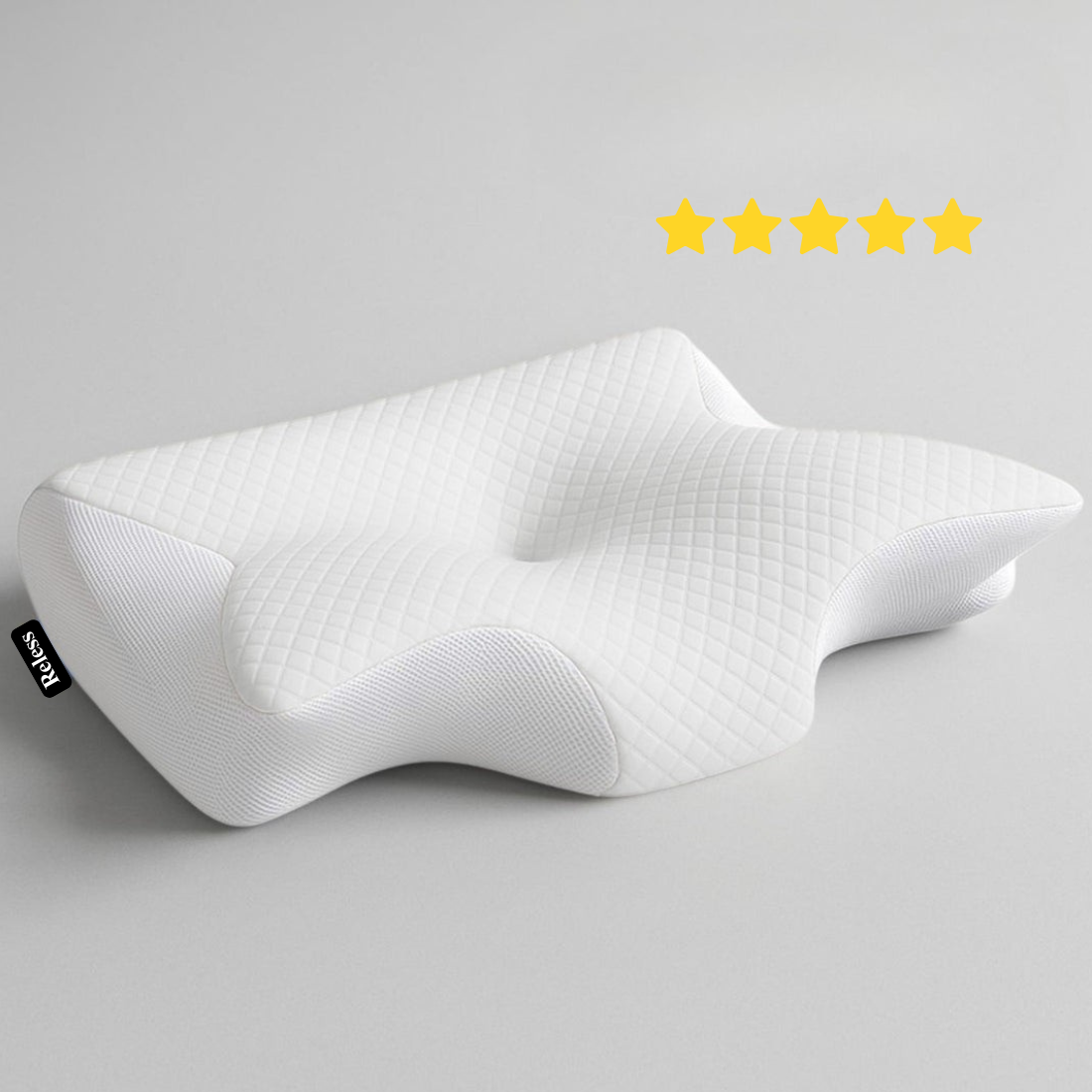 Reless ergonomic neck support pillow with soft fabric and contoured design for optimal neck alignment and comfort.