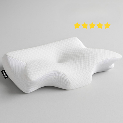 Reless ergonomic neck support pillow with soft fabric and contoured design for optimal neck alignment and comfort.