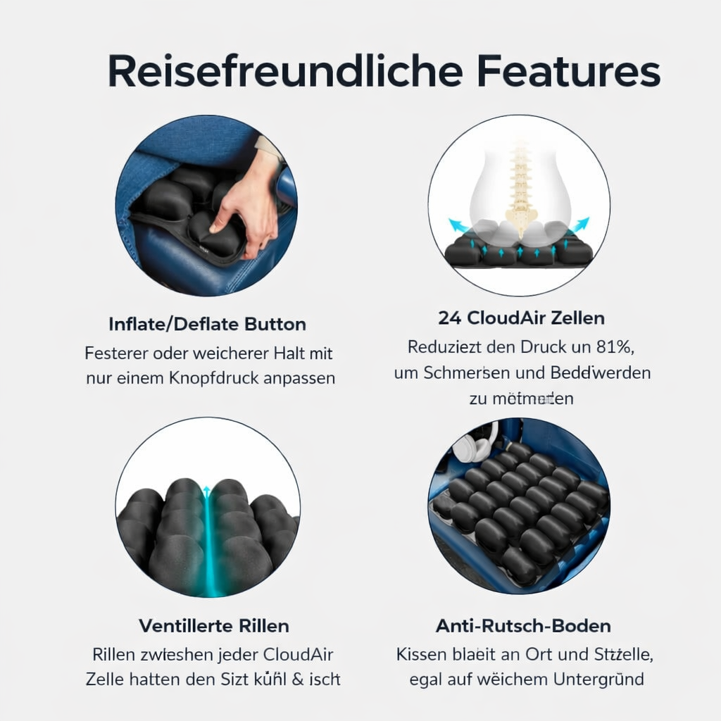 Reless AirComfort™ Reisekissen für Langstreckenflüge, aufblasbares Nackenkissen für bequemes Reisen, in neutralen Farben.