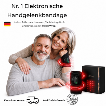 RelessRelessWrap™ Rotlicht-Handgelenkbandage aus elastischem Material, bietet Unterstützung und Wärme für das Handgelenk.