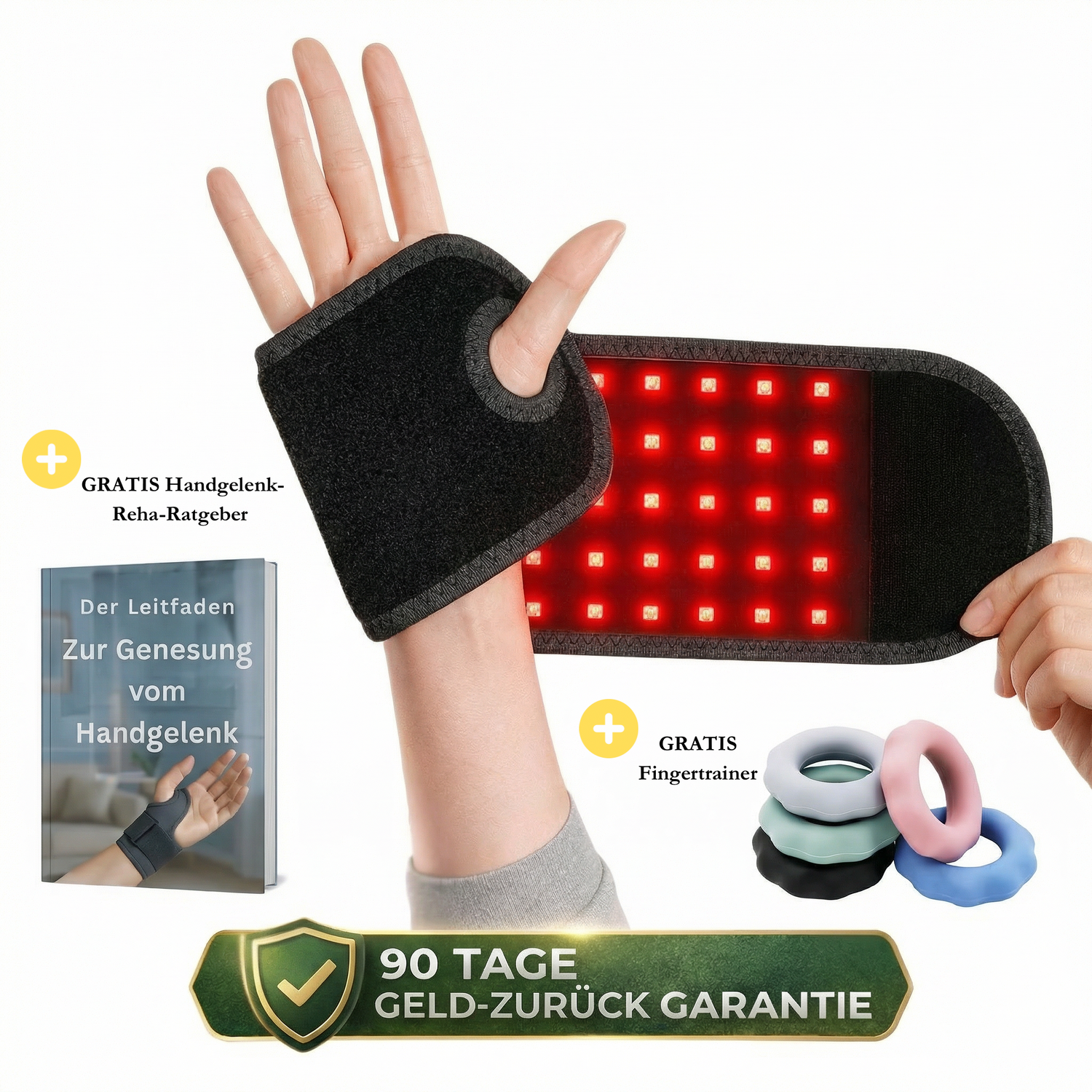 RelessRelessWrap™ Handgelenk-Bandage mit Infrarotlicht-Therapie, zeigt das Produkt in schwarzer Ausführung.
