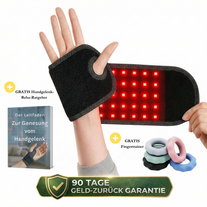 RelessRelessWrap™ Handgelenk-Bandage mit Infrarotlicht-Therapie, zeigt das Produkt in schwarzer Ausführung.