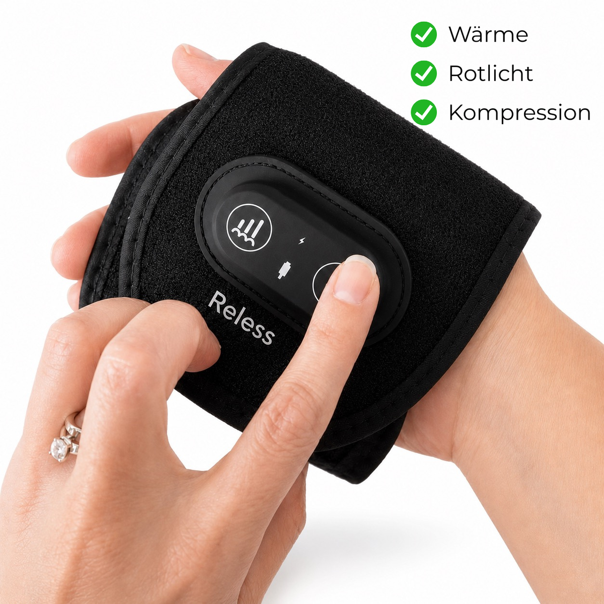 RelessRelessWrap™ Handgelenk-Bandage mit Infrarotlicht-Therapie, zeigt Wärmefunktion zur Schmerzlinderung.